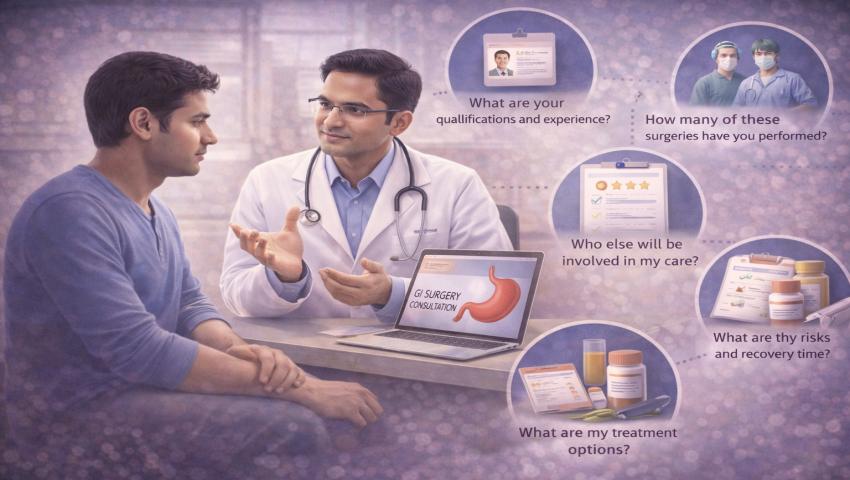 Choosing the Right GI Surgeon: Questions Every Patient Must Ask Before Treatment Patient consulting a GI surgeon and discussing treatment options before surgery