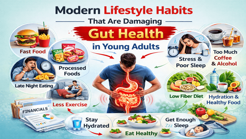 Modern lifestyle habits damaging gut health in young adults including fast food, stress, poor sleep, and low fiber diet