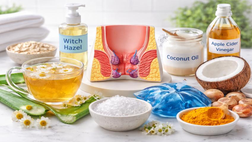 Piles home remedies including witch hazel, coconut oil, aloe vera, and natural relief methods for hemorrhoids explained by Dr K Balu