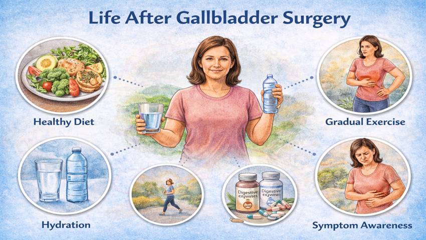 Life after gallbladder surgery showing diet, hydration, recovery, and lifestyle changes guided by Dr K Balu