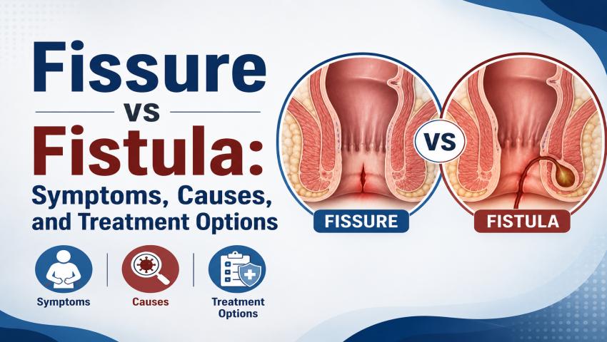 Fissure vs Fistula comparison infographic explaining symptoms, causes, diagnosis, and treatment options for anal fissure and anal fistula by Dr. K. Balu, Proctologist in Coimbatore.