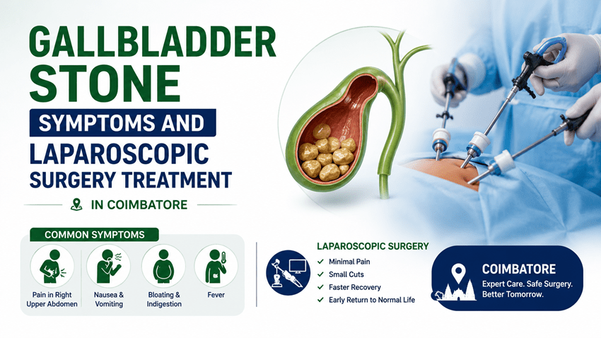 Gallbladder Stone Symptoms and Laparoscopic Surgery Treatment in Coimbatore showing gallbladder stones, common symptoms, and minimally invasive surgery by Dr. K. Balu